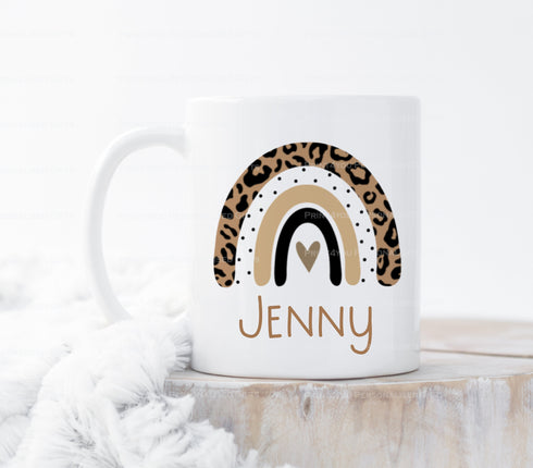 Boho Brown Leopard Print Rainbow , Personalised White mug