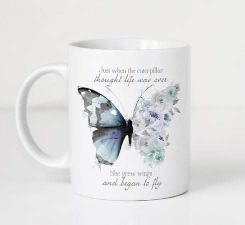 Motivational Quote, Gorgeous purple / blue floral butterfly White mug Gift