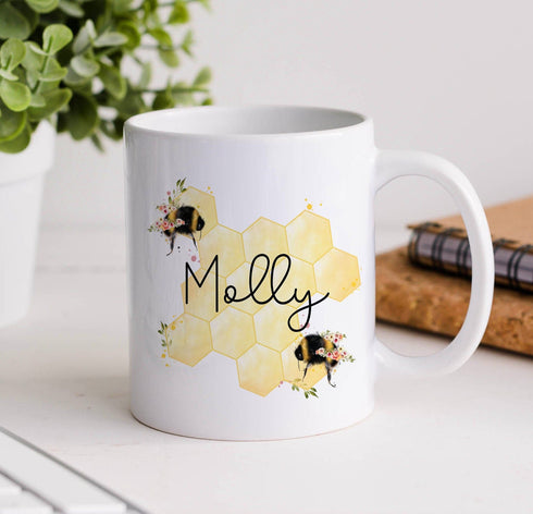 Personalised Gift Mug - Honeycomb Queen Bee, Floral Botanical Bee, Bumble Bee Gift
