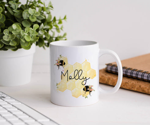 Personalised Gift Mug - Honeycomb Queen Bee, Floral Botanical Bee, Bumble Bee Gift