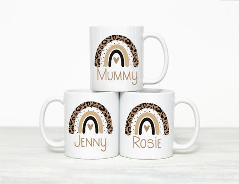 Boho Brown Leopard Print Rainbow , Personalised White mug