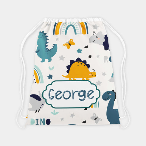 Personalised School PE / Gym / Swim Bag, Back to School kids drawstring bag, Water resistant bag for boys, Dinosaur and Rainbows School Bag