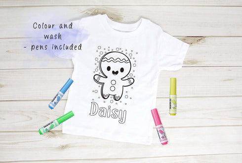 Personalised Christmas Gingerbread Man Colour In activity Kids T-shirt - with washable pens - stocking fillers, Christmas Eve Box