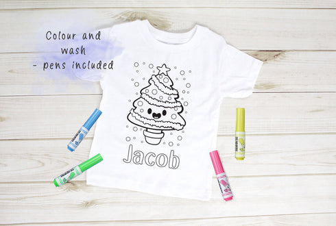 Personalised Christmas Tree Colour In activity Kids T-shirt - with washable pens - stocking fillers, Christmas Eve Box