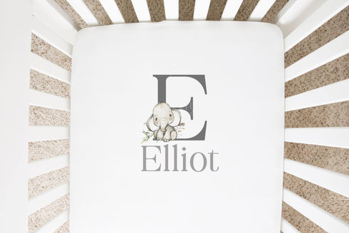 Safari Elephant Alphabet Letter and Name, 100% Cotton, Cot Bed, Personalised Cot Sheet, Moses crib basket Nursery décor, Babies Bedding