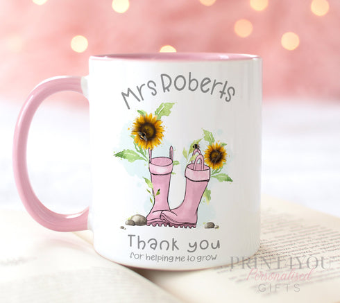 Personalised gift mug, Pink Handle Mug, Thank You Teacher Gifts, Thank you for helping me Grow