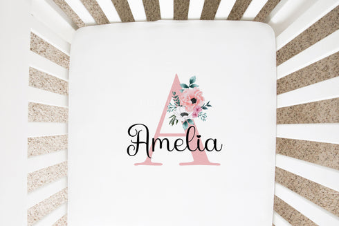 Pink Floral Letter and name, 100% Cotton, Cot Bed, Personalised Cot Sheet, Moses crib basket Nursery décor, Babies Bedding
