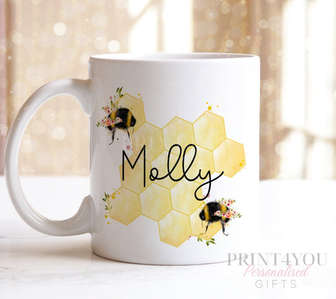 Personalised Gift Mug - Honeycomb Queen Bee, Floral Botanical Bee, Bumble Bee Gift