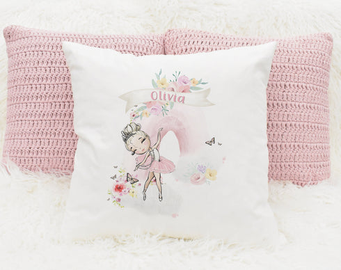 Ballerina with Pink Rainbow, New Born Baby Gift, Personalised Children's Cushion Pillow Gift, Brunette Hair
