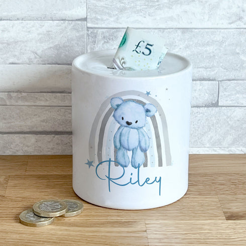 Personalised Ceramic White Money Box Coin Bank - Brown Teddy Bear Rainbow