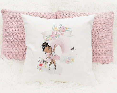 Ballerina with Pink Rainbow, New Born Baby Gift, Personalised Children's Cushion Pillow Gift, Brunette Hair