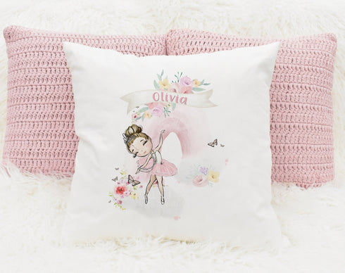 Ballerina with Pink Rainbow, New Born Baby Gift, Personalised Children's Cushion Pillow Gift, Brunette Hair
