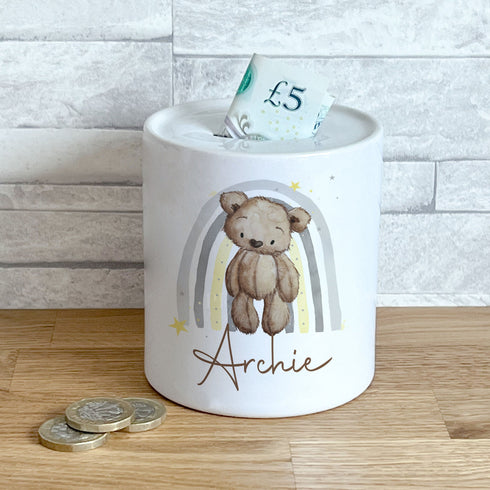 Personalised Ceramic White Money Box Coin Bank - Brown Teddy Bear Rainbow