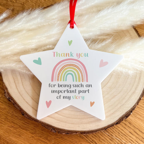 Thank you for being such an important part of my story rainbow hearts star white acrylic hanging decoration teacher teaching assistant gift