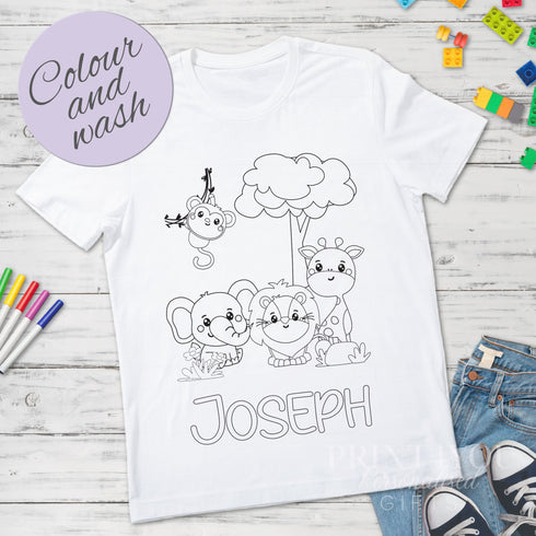 Personalised Jungle Animals Planets In activity Kids T-shirt - with washable pens