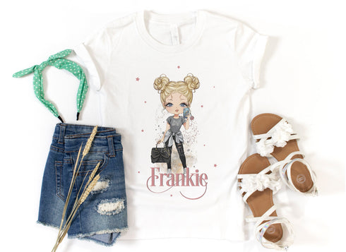 Children's White Cotton Personalised T-shirt - Fashion Girl Variations with Phone and handbag