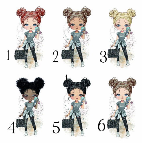 Children's White Cotton Personalised T-shirt - Fashion Girl Variations with Phone and handbag