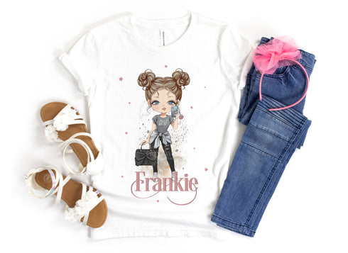 Children's White Cotton Personalised T-shirt - Fashion Girl Variations with Phone and handbag
