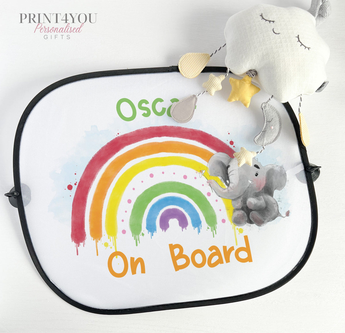 Personalised Children's Car Sun Shade Visor – Elephant Painted Rainbow, Baby on Board - image only