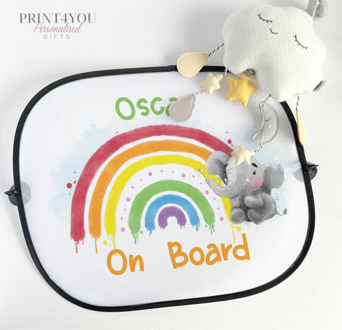 Personalised Children's Car Sun Shade Visor - Elephant Painted Rainbow, Baby on Board
