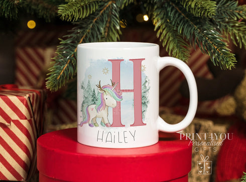 Personalised White Mug with Christmas Pink Unicorn Reindeer Alphabet Design