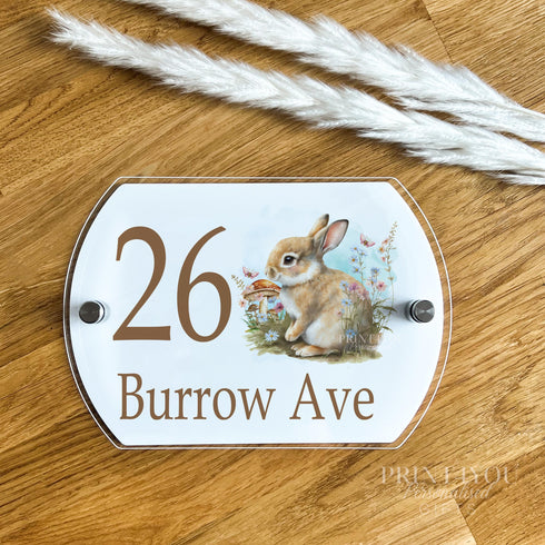 Personalised Acrylic External Door Number Plates Plaques Bunny Rabbit and Flowers