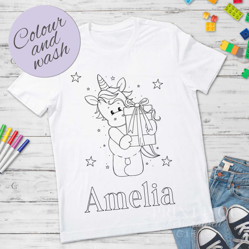Personalised Unicorn Birthday Colour In activity Kids T-shirt - with washable pens