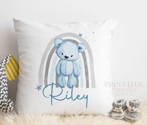 New Baby Gift Cushion | Boys Blue Teddy Bear Rainbow | Personalised Children's Gift Cushion