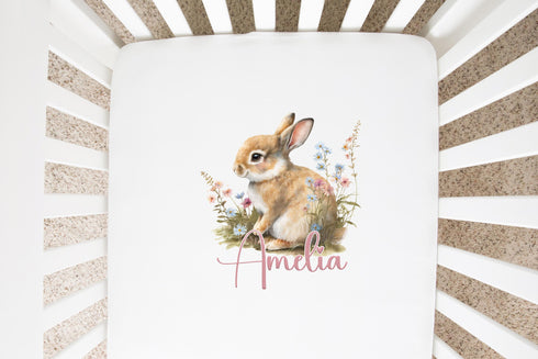 Rabbit and Flowers Cot sheet , 100% Cotton, Cot Bed, Personalised Cot Sheet, Moses crib basket Nursery décor, Babies Bedding