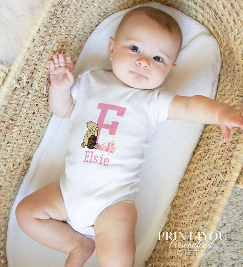 Personalised Baby Girls sleepsuit, bib and vest, New Baby Gift Set, Classic Pooh Pink Letter and name