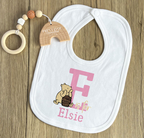 Personalised Baby Girls sleepsuit, bib and vest, New Baby Gift Set, Classic Pooh Pink Letter and name