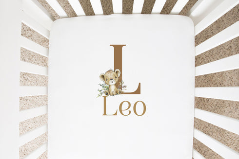Personalised 100% Cotton Fitted Sheet for Baby's Cot Bed with Safari Lion & Alphabet Letter Design