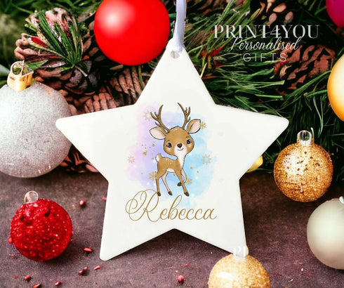 Personalised Christmas Decoration star white acrylic - Reindeer and name