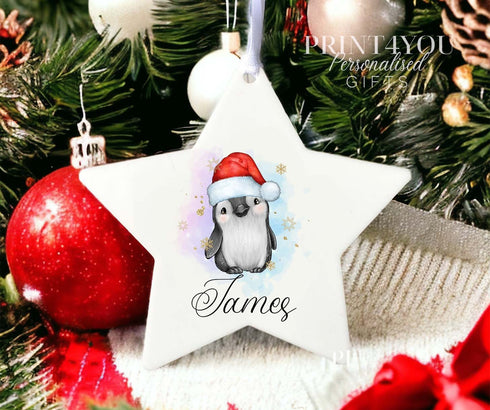 Personalised Christmas Decoration star white acrylic - Penguin and name