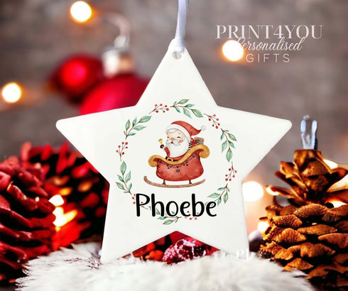 Personalised Christmas Decoration star white acrylic - Santa Sleigh and name