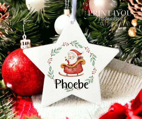 Personalised Christmas Decoration star white acrylic - Santa Sleigh and name