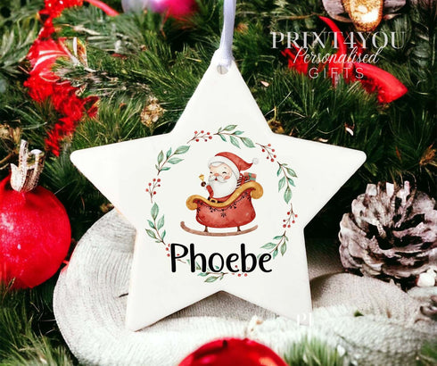Personalised Christmas Decoration star white acrylic - Santa Sleigh and name