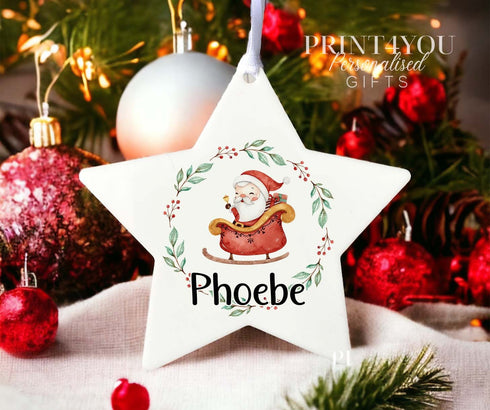 Personalised Christmas Decoration star white acrylic - Santa Sleigh and name