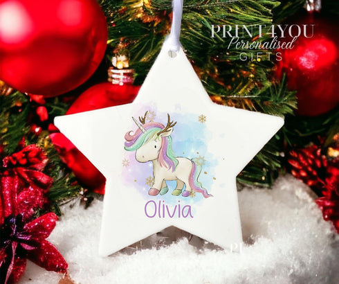 Personalised Christmas Decoration star white acrylic - Unicorn Reindeer