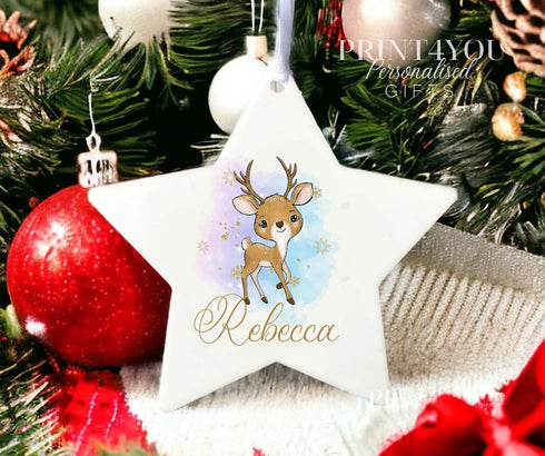 Personalised Christmas Decoration star white acrylic - Reindeer and name