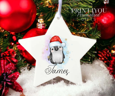 Personalised Christmas Decoration star white acrylic - Penguin and name