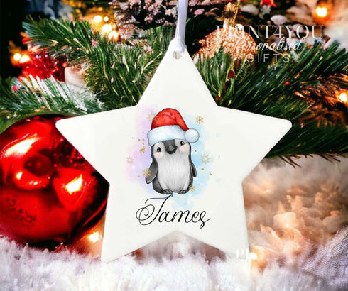 Personalised Christmas Decoration star white acrylic - Penguin and name