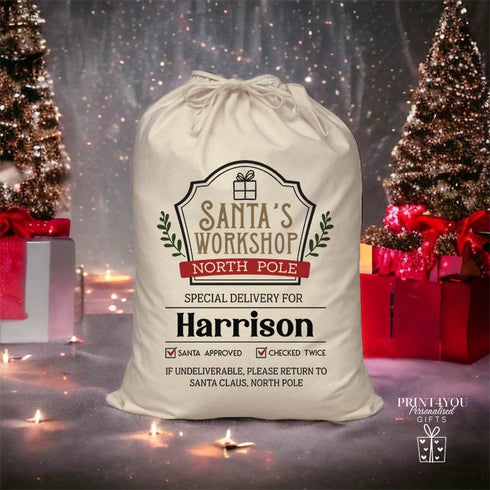 Personalised Santa Sack, Christmas sack, Xmas Eve Box - Santa's Workshop