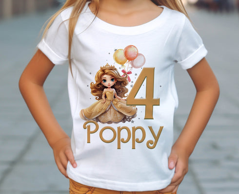 Personalised Princess Birthday T-Shirt ANY AGE - Cotton White Top, any number any age