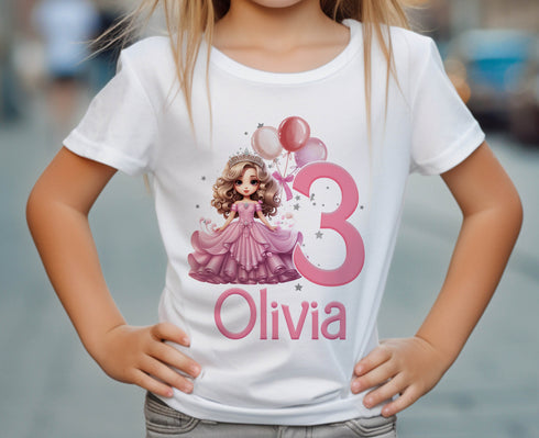 Personalised Princess Birthday T-Shirt ANY AGE - Cotton White Top, any number any age