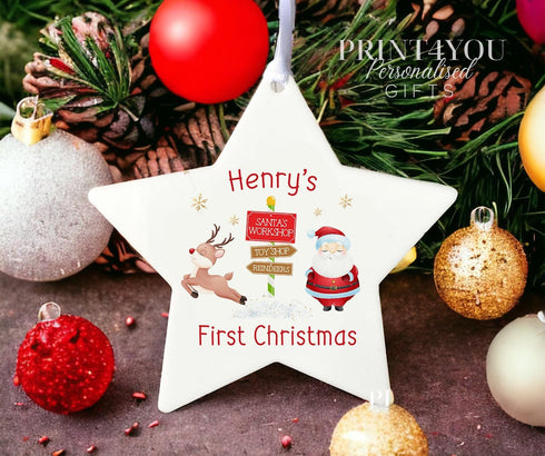 Personalised Christmas Decoration star white acrylic - Santa and Reindeer First Xmas