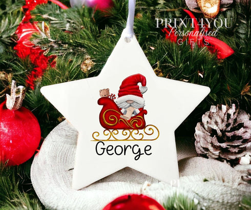 Personalised Christmas Decoration star white acrylic - Christmas Gnome in a Sleigh