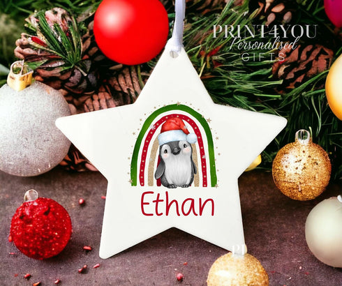Personalised Christmas Decoration star white acrylic - Penguin Rainbow