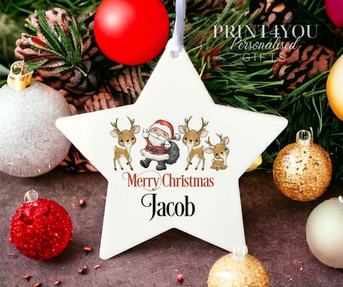 Personalised Christmas Decoration star white acrylic - Santa and Reindeers