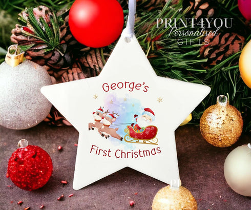 Personalised Christmas Decoration star white acrylic - Santa sleigh first Xmas